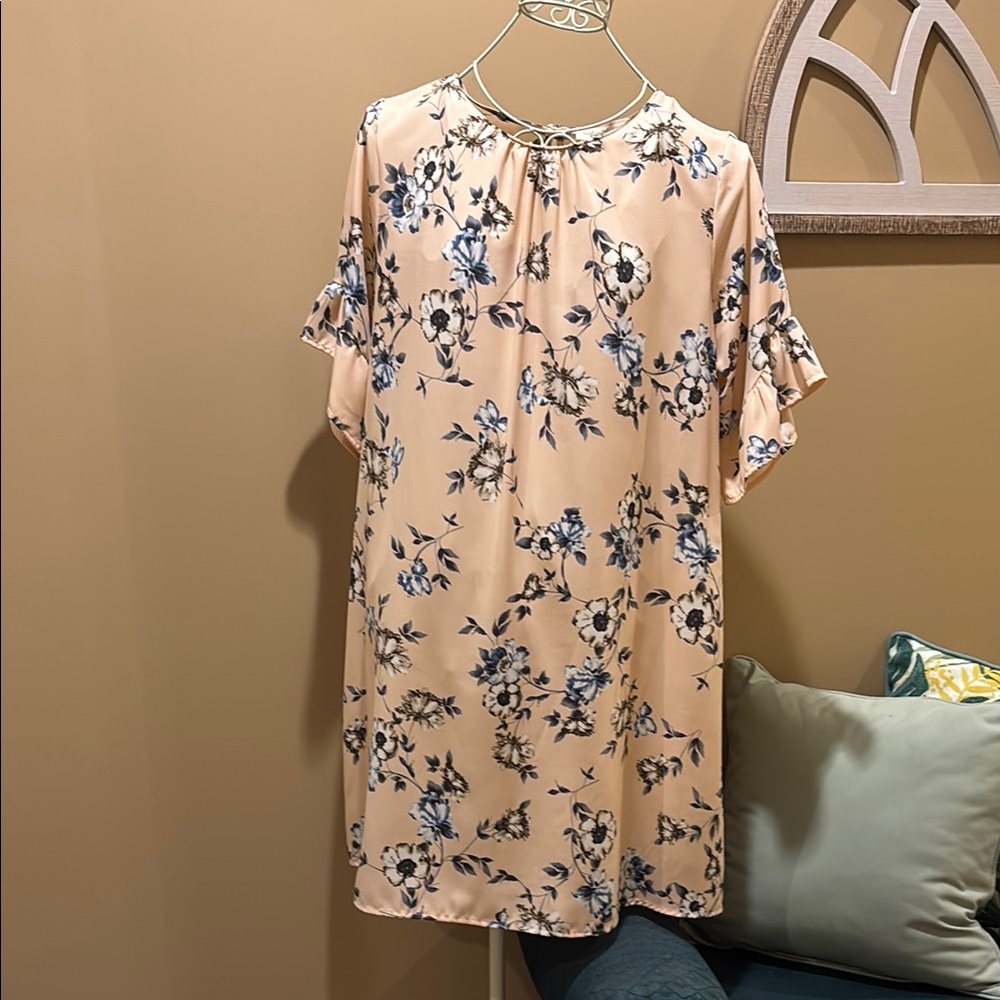 Floral Peach Dress with Ruffle Sleeves